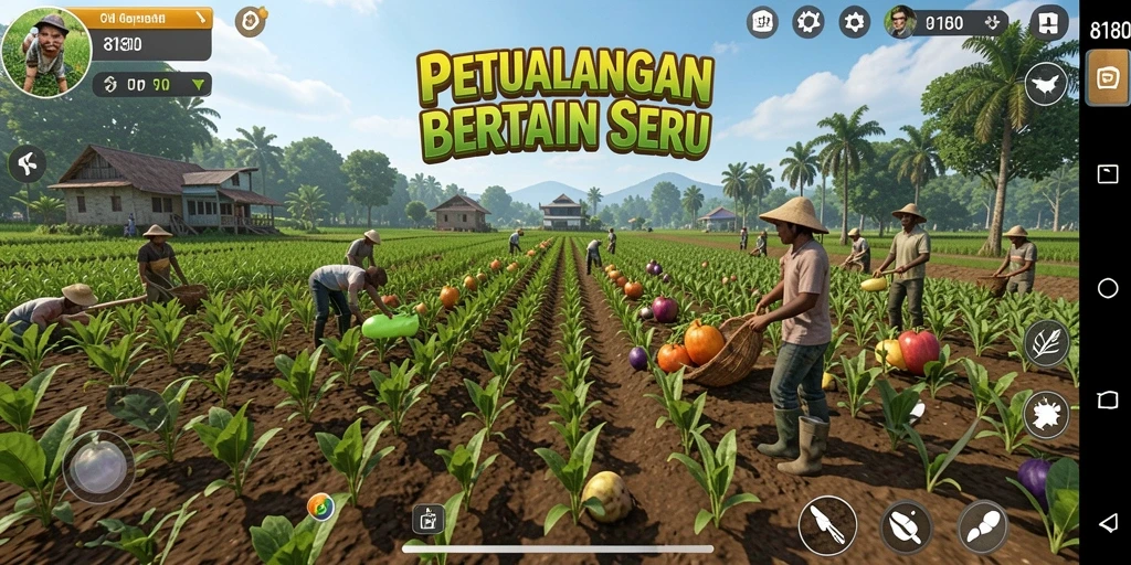 Screenshot gameplay 8180 yang menampilkan kebun yang subur dan tanaman yang sehat.